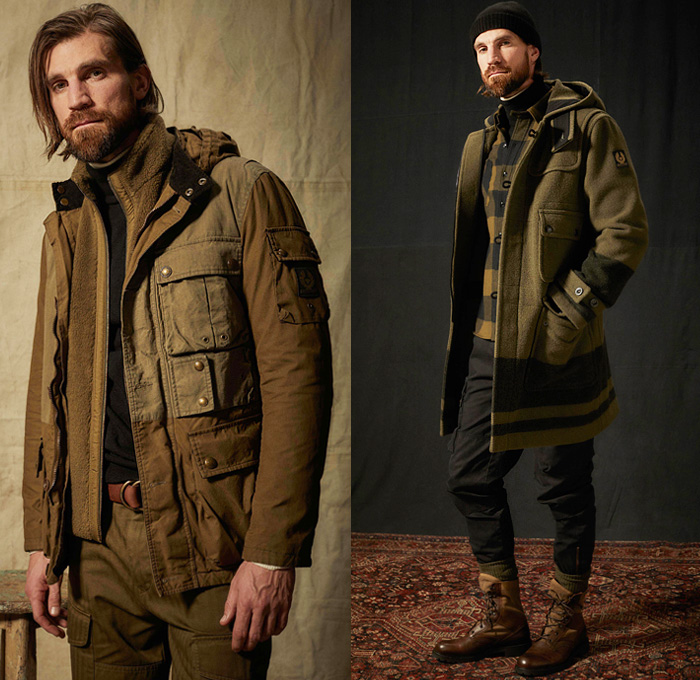 Belstaff 2020-2021 Fall Autumn Winter Mens Lookbook Presentation - Milano Moda Uomo Milan Fashion Week Italy - Heroes of The Road Minneapolis 1950s Fifties Vintage Rustic Distressed Trialmaster Motorcycle Moto Biker Racer Leather Suede Puffer Quilted Field Fatigues Jacket Blackwatch Tartan Check Plaid Patchwork Panel Split Military Hoodie Wool Coat Cargo Flap Utility Pockets Fleece Knit Turtleneck Sweater Corduroy Pants Denim Jeans Boots