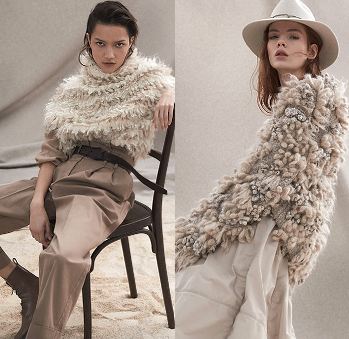 Brunello Cucinelli 2020-2021 Fall Autumn Winter Womens Lookbook Presentation - Milano Moda Donna Collezione Milan Fashion Week Italy - Chunky Knit Yarn Shaggy Fur Mohair Shawl Embroidery Cashmere Hairball Vest Trench Coat Pantsuit Shirtdress Scarf Turtleneck Sweater Cardigan Plaid Check Wide Leg Culottes High Waist Pants Quilted Puffer Pencil Skirt Sweatshirt Suede Metallic Blouse Pinstripe Wool Bedazzled Sequins Leather Tiered Pleats Sheer Tulle Boots Loafers Hat Tote Handbag Gloves 