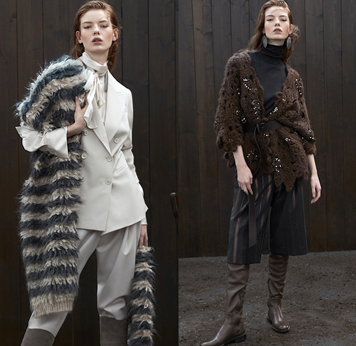 Brunello Cucinelli 2020-2021 Fall Autumn Winter Womens Lookbook Presentation - Milano Moda Donna Collezione Milan Fashion Week Italy - Chunky Knit Yarn Shaggy Fur Mohair Shawl Embroidery Cashmere Hairball Vest Trench Coat Pantsuit Shirtdress Scarf Turtleneck Sweater Cardigan Plaid Check Wide Leg Culottes High Waist Pants Quilted Puffer Pencil Skirt Sweatshirt Suede Metallic Blouse Pinstripe Wool Bedazzled Sequins Leather Tiered Pleats Sheer Tulle Boots Loafers Hat Tote Handbag Gloves 