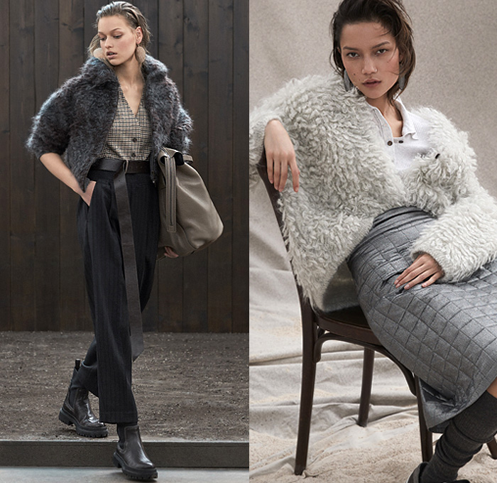 Brunello Cucinelli 2020-2021 Fall Autumn Winter Womens Lookbook Presentation - Milano Moda Donna Collezione Milan Fashion Week Italy - Chunky Knit Yarn Shaggy Fur Mohair Shawl Embroidery Cashmere Hairball Vest Trench Coat Pantsuit Shirtdress Scarf Turtleneck Sweater Cardigan Plaid Check Wide Leg Culottes High Waist Pants Quilted Puffer Pencil Skirt Sweatshirt Suede Metallic Blouse Pinstripe Wool Bedazzled Sequins Leather Tiered Pleats Sheer Tulle Boots Loafers Hat Tote Handbag Gloves 