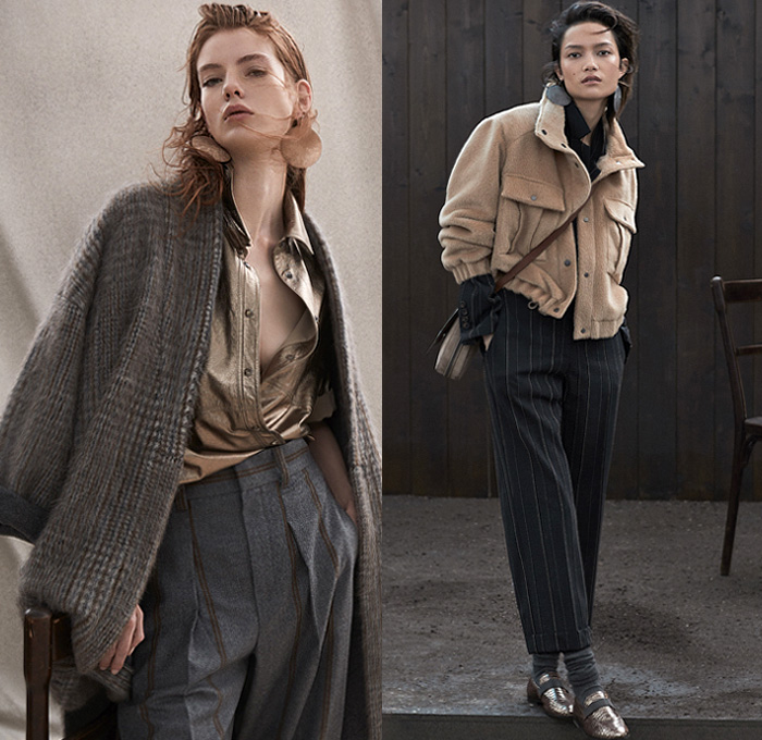 Brunello Cucinelli 2020-2021 Fall Autumn Winter Womens Lookbook Presentation - Milano Moda Donna Collezione Milan Fashion Week Italy - Chunky Knit Yarn Shaggy Fur Mohair Shawl Embroidery Cashmere Hairball Vest Trench Coat Pantsuit Shirtdress Scarf Turtleneck Sweater Cardigan Plaid Check Wide Leg Culottes High Waist Pants Quilted Puffer Pencil Skirt Sweatshirt Suede Metallic Blouse Pinstripe Wool Bedazzled Sequins Leather Tiered Pleats Sheer Tulle Boots Loafers Hat Tote Handbag Gloves 