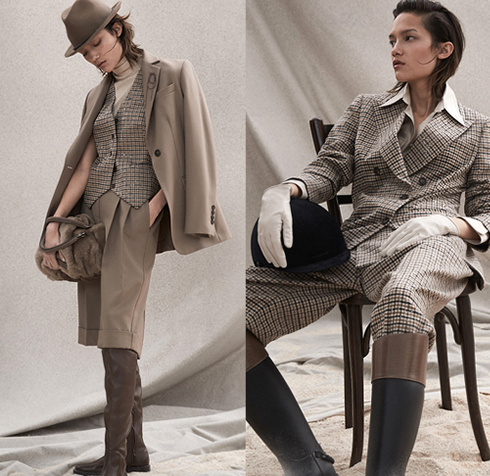 Brunello Cucinelli 2020-2021 Fall Autumn Winter Womens Lookbook Presentation - Milano Moda Donna Collezione Milan Fashion Week Italy - Chunky Knit Yarn Shaggy Fur Mohair Shawl Embroidery Cashmere Hairball Vest Trench Coat Pantsuit Shirtdress Scarf Turtleneck Sweater Cardigan Plaid Check Wide Leg Culottes High Waist Pants Quilted Puffer Pencil Skirt Sweatshirt Suede Metallic Blouse Pinstripe Wool Bedazzled Sequins Leather Tiered Pleats Sheer Tulle Boots Loafers Hat Tote Handbag Gloves 