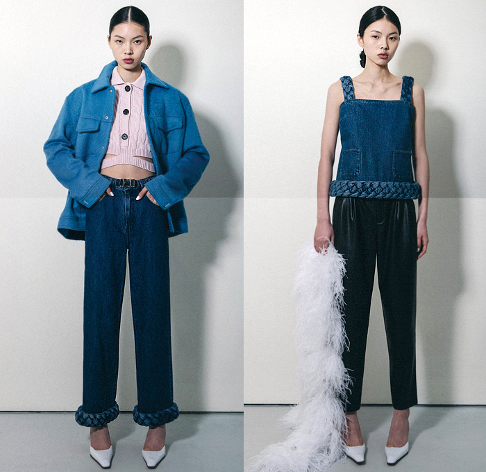 Calvin Luo 2020-2021 Fall Autumn Winter Womens Lookbook Presentation - Paris Femme - Wool Coat Cargo Pockets Crop Top Midriff Bralette Bandeau Wrap Knit Turtleneck Cardigan Sweater Vest Waistcoat Denim Jeans Dress Braid Weave Feathers Miniskirt Diamond Cutout Cutaway Straps Belts Trench Coat Capelet Oversleeve Slit Hem Flare Accordion Pleats Pantsuit Twisted Panel Sheer Tulle Tutu Tights Stockings Thigh High Boots Long Purse Clutch Plank Bag