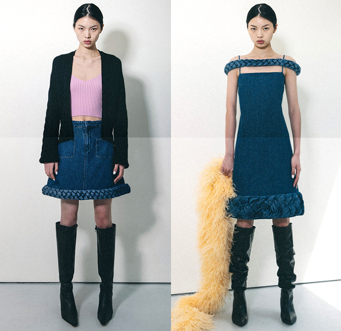 Calvin Luo 2020-2021 Fall Autumn Winter Womens Lookbook Presentation - Paris Femme - Wool Coat Cargo Pockets Crop Top Midriff Bralette Bandeau Wrap Knit Turtleneck Cardigan Sweater Vest Waistcoat Denim Jeans Dress Braid Weave Feathers Miniskirt Diamond Cutout Cutaway Straps Belts Trench Coat Capelet Oversleeve Slit Hem Flare Accordion Pleats Pantsuit Twisted Panel Sheer Tulle Tutu Tights Stockings Thigh High Boots Long Purse Clutch Plank Bag