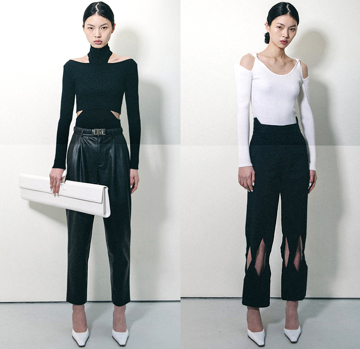 Calvin Luo 2020-2021 Fall Autumn Winter Womens Lookbook Presentation - Paris Femme - Wool Coat Cargo Pockets Crop Top Midriff Bralette Bandeau Wrap Knit Turtleneck Cardigan Sweater Vest Waistcoat Denim Jeans Dress Braid Weave Feathers Miniskirt Diamond Cutout Cutaway Straps Belts Trench Coat Capelet Oversleeve Slit Hem Flare Accordion Pleats Pantsuit Twisted Panel Sheer Tulle Tutu Tights Stockings Thigh High Boots Long Purse Clutch Plank Bag