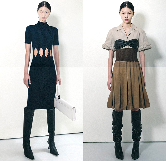 Calvin Luo 2020-2021 Fall Autumn Winter Womens Lookbook Presentation - Paris Femme - Wool Coat Cargo Pockets Crop Top Midriff Bralette Bandeau Wrap Knit Turtleneck Cardigan Sweater Vest Waistcoat Denim Jeans Dress Braid Weave Feathers Miniskirt Diamond Cutout Cutaway Straps Belts Trench Coat Capelet Oversleeve Slit Hem Flare Accordion Pleats Pantsuit Twisted Panel Sheer Tulle Tutu Tights Stockings Thigh High Boots Long Purse Clutch Plank Bag