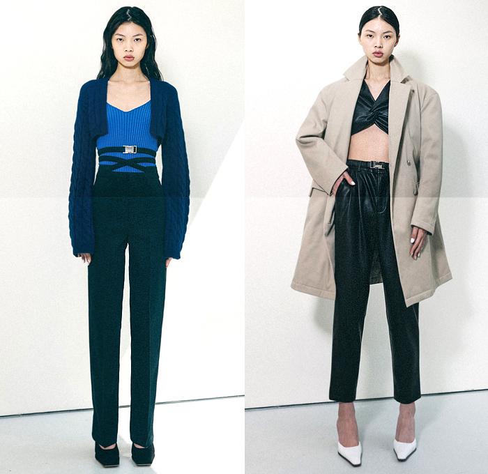 Calvin Luo 2020-2021 Fall Autumn Winter Womens Lookbook Presentation - Paris Femme - Wool Coat Cargo Pockets Crop Top Midriff Bralette Bandeau Wrap Knit Turtleneck Cardigan Sweater Vest Waistcoat Denim Jeans Dress Braid Weave Feathers Miniskirt Diamond Cutout Cutaway Straps Belts Trench Coat Capelet Oversleeve Slit Hem Flare Accordion Pleats Pantsuit Twisted Panel Sheer Tulle Tutu Tights Stockings Thigh High Boots Long Purse Clutch Plank Bag