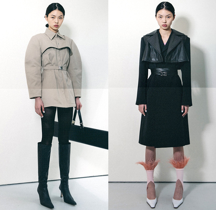 Calvin Luo 2020-2021 Fall Autumn Winter Womens Lookbook Presentation - Paris Femme - Wool Coat Cargo Pockets Crop Top Midriff Bralette Bandeau Wrap Knit Turtleneck Cardigan Sweater Vest Waistcoat Denim Jeans Dress Braid Weave Feathers Miniskirt Diamond Cutout Cutaway Straps Belts Trench Coat Capelet Oversleeve Slit Hem Flare Accordion Pleats Pantsuit Twisted Panel Sheer Tulle Tutu Tights Stockings Thigh High Boots Long Purse Clutch Plank Bag