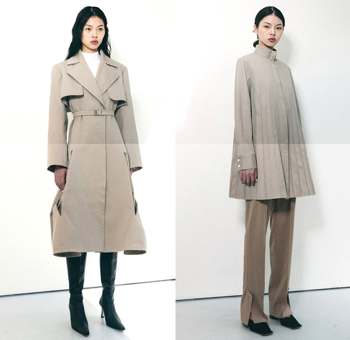 Calvin Luo 2020-2021 Fall Autumn Winter Womens Lookbook Presentation - Paris Femme - Wool Coat Cargo Pockets Crop Top Midriff Bralette Bandeau Wrap Knit Turtleneck Cardigan Sweater Vest Waistcoat Denim Jeans Dress Braid Weave Feathers Miniskirt Diamond Cutout Cutaway Straps Belts Trench Coat Capelet Oversleeve Slit Hem Flare Accordion Pleats Pantsuit Twisted Panel Sheer Tulle Tutu Tights Stockings Thigh High Boots Long Purse Clutch Plank Bag