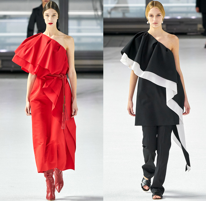 Carolina Herrera 2020-2021 Fall Autumn Winter Womens Runway Catwalk Looks - New York Fashion Week NYFW - Cape Robe Coat Perforated Holes Flowers Floral Lace Embroidery Jacquard Print Maxi Dress Gown Wide Leg O'Mutton Bell Sleeves Elongated Wrist Cuff Straps Silk Satin Strapless One Shoulder Draped Tiered Ruffles Sheer Tulle Tied Ribbon Rope Waist Tassels Hanging Sleeve Turtleneck Pantsuit Slouchy Pants Wide Belt Boots Sandals Gold Metallic Brogues 