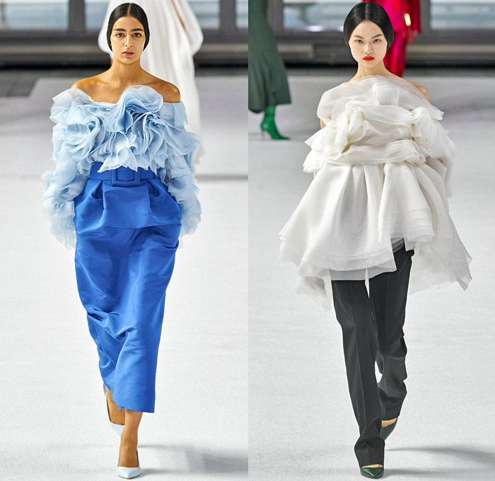 Carolina Herrera 2020-2021 Fall Autumn Winter Womens Runway Catwalk Looks - New York Fashion Week NYFW - Cape Robe Coat Perforated Holes Flowers Floral Lace Embroidery Jacquard Print Maxi Dress Gown Wide Leg O'Mutton Bell Sleeves Elongated Wrist Cuff Straps Silk Satin Strapless One Shoulder Draped Tiered Ruffles Sheer Tulle Tied Ribbon Rope Waist Tassels Hanging Sleeve Turtleneck Pantsuit Slouchy Pants Wide Belt Boots Sandals Gold Metallic Brogues 