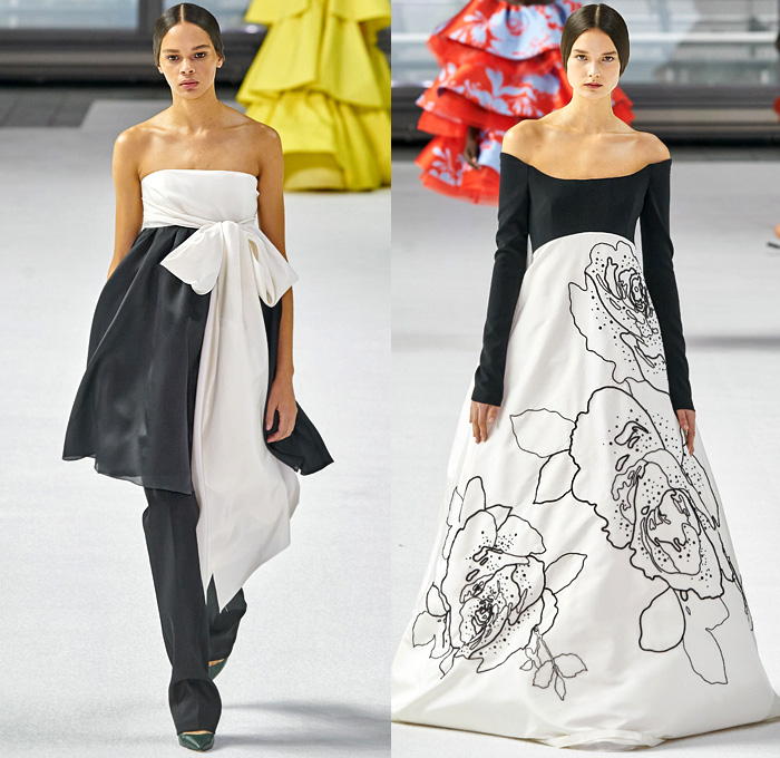 Carolina Herrera 2020-2021 Fall Autumn Winter Womens Runway Catwalk Looks - New York Fashion Week NYFW - Cape Robe Coat Perforated Holes Flowers Floral Lace Embroidery Jacquard Print Maxi Dress Gown Wide Leg O'Mutton Bell Sleeves Elongated Wrist Cuff Straps Silk Satin Strapless One Shoulder Draped Tiered Ruffles Sheer Tulle Tied Ribbon Rope Waist Tassels Hanging Sleeve Turtleneck Pantsuit Slouchy Pants Wide Belt Boots Sandals Gold Metallic Brogues 