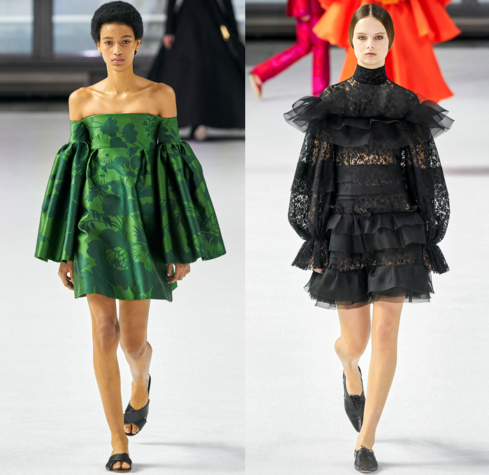 Carolina Herrera 2020-2021 Fall Autumn Winter Womens Runway Catwalk Looks - New York Fashion Week NYFW - Cape Robe Coat Perforated Holes Flowers Floral Lace Embroidery Jacquard Print Maxi Dress Gown Wide Leg O'Mutton Bell Sleeves Elongated Wrist Cuff Straps Silk Satin Strapless One Shoulder Draped Tiered Ruffles Sheer Tulle Tied Ribbon Rope Waist Tassels Hanging Sleeve Turtleneck Pantsuit Slouchy Pants Wide Belt Boots Sandals Gold Metallic Brogues 