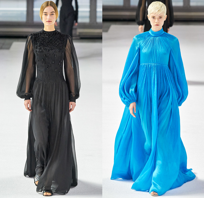 Carolina Herrera 2020-2021 Fall Autumn Winter Womens Runway Catwalk Looks - New York Fashion Week NYFW - Cape Robe Coat Perforated Holes Flowers Floral Lace Embroidery Jacquard Print Maxi Dress Gown Wide Leg O'Mutton Bell Sleeves Elongated Wrist Cuff Straps Silk Satin Strapless One Shoulder Draped Tiered Ruffles Sheer Tulle Tied Ribbon Rope Waist Tassels Hanging Sleeve Turtleneck Pantsuit Slouchy Pants Wide Belt Boots Sandals Gold Metallic Brogues 