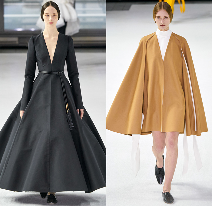 Carolina Herrera 2020-2021 Fall Autumn Winter Womens Runway Catwalk Looks - New York Fashion Week NYFW - Cape Robe Coat Perforated Holes Flowers Floral Lace Embroidery Jacquard Print Maxi Dress Gown Wide Leg O'Mutton Bell Sleeves Elongated Wrist Cuff Straps Silk Satin Strapless One Shoulder Draped Tiered Ruffles Sheer Tulle Tied Ribbon Rope Waist Tassels Hanging Sleeve Turtleneck Pantsuit Slouchy Pants Wide Belt Boots Sandals Gold Metallic Brogues 