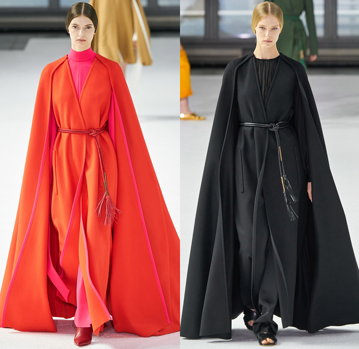 Carolina Herrera 2020-2021 Fall Autumn Winter Womens Runway Catwalk Looks - New York Fashion Week NYFW - Cape Robe Coat Perforated Holes Flowers Floral Lace Embroidery Jacquard Print Maxi Dress Gown Wide Leg O'Mutton Bell Sleeves Elongated Wrist Cuff Straps Silk Satin Strapless One Shoulder Draped Tiered Ruffles Sheer Tulle Tied Ribbon Rope Waist Tassels Hanging Sleeve Turtleneck Pantsuit Slouchy Pants Wide Belt Boots Sandals Gold Metallic Brogues 