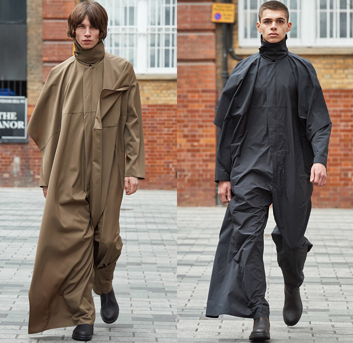 Hussein Chalayan 2020-2021 Fall Autumn Winter Mens Runway Looks - London Fashion Week Mens Collections UK - Aboriginal Tribal Ethnic Dot Art Geometric Embroidery Onesie Boilersuit Coveralls Outerwear Turtleneck Parka Anorak Cape Pellegrina Cargo Utility Flap Pockets Straps Trench Coat Blazer Hoodie Folded Puffer Quilted Down Jacket Draped Fold Over Extra Hem Fins Slouchy Patchwork Split Wool Pants Boots