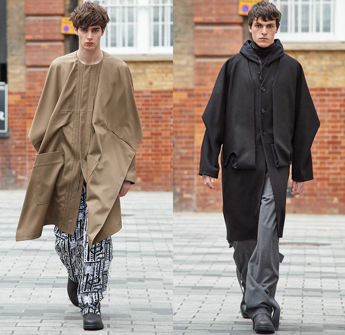 Hussein Chalayan 2020-2021 Fall Autumn Winter Mens Runway Looks - London Fashion Week Mens Collections UK - Aboriginal Tribal Ethnic Dot Art Geometric Embroidery Onesie Boilersuit Coveralls Outerwear Turtleneck Parka Anorak Cape Pellegrina Cargo Utility Flap Pockets Straps Trench Coat Blazer Hoodie Folded Puffer Quilted Down Jacket Draped Fold Over Extra Hem Fins Slouchy Patchwork Split Wool Pants Boots