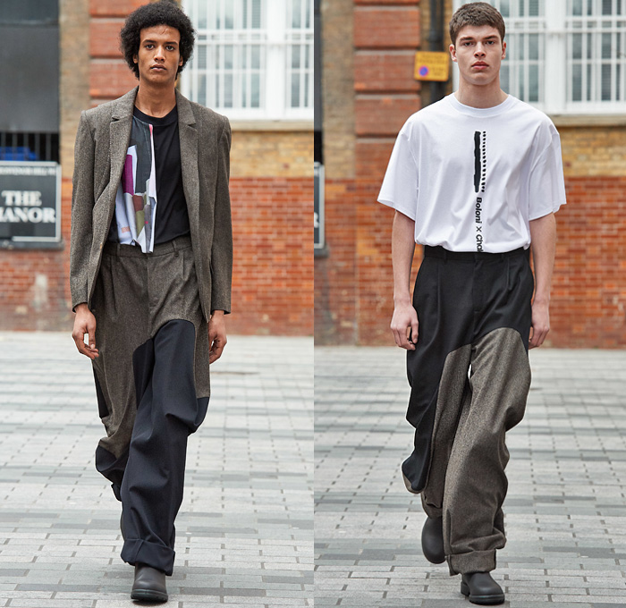 Hussein Chalayan 2020-2021 Fall Autumn Winter Mens Runway Looks - London Fashion Week Mens Collections UK - Aboriginal Tribal Ethnic Dot Art Geometric Embroidery Onesie Boilersuit Coveralls Outerwear Turtleneck Parka Anorak Cape Pellegrina Cargo Utility Flap Pockets Straps Trench Coat Blazer Hoodie Folded Puffer Quilted Down Jacket Draped Fold Over Extra Hem Fins Slouchy Patchwork Split Wool Pants Boots