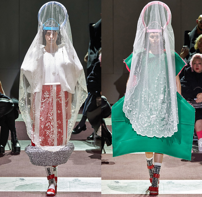 Comme des Garçons 2020-2021 Fall Autumn Winter Womens Runway Catwalk Looks - Mode à Paris Fashion Week France - Sculpture Dimensional Veil Lace Embroidery Sheer Tulle Headwear Rings Frayed Angular Geometric Bulb Bubble Puff Ball Crinoline Skirt Ruffles Voluminous Brocade Doughnut Velvet Wide Elongated Sleeves Furniture Upholstery Pillows Cone Dress Wireframe Skeleton Straps Tiered Bandages PVC Vinyl Socks Sandals Gloves