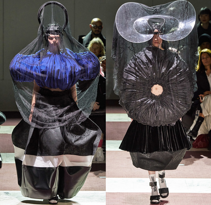 Comme des Garçons 2020-2021 Fall Autumn Winter Womens Runway Catwalk Looks - Mode à Paris Fashion Week France - Sculpture Dimensional Veil Lace Embroidery Sheer Tulle Headwear Rings Frayed Angular Geometric Bulb Bubble Puff Ball Crinoline Skirt Ruffles Voluminous Brocade Doughnut Velvet Wide Elongated Sleeves Furniture Upholstery Pillows Cone Dress Wireframe Skeleton Straps Tiered Bandages PVC Vinyl Socks Sandals Gloves