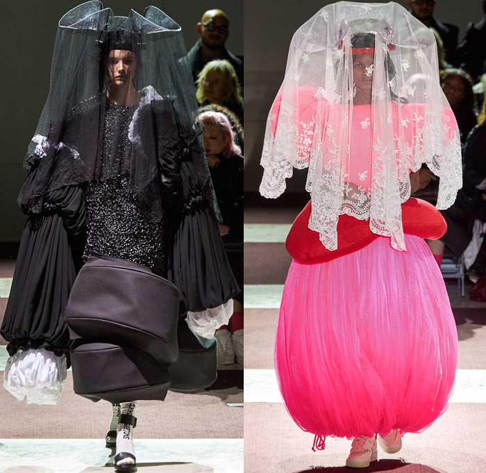 Comme des Garçons 2020-2021 Fall Autumn Winter Womens Runway Catwalk Looks - Mode à Paris Fashion Week France - Sculpture Dimensional Veil Lace Embroidery Sheer Tulle Headwear Rings Frayed Angular Geometric Bulb Bubble Puff Ball Crinoline Skirt Ruffles Voluminous Brocade Doughnut Velvet Wide Elongated Sleeves Furniture Upholstery Pillows Cone Dress Wireframe Skeleton Straps Tiered Bandages PVC Vinyl Socks Sandals Gloves