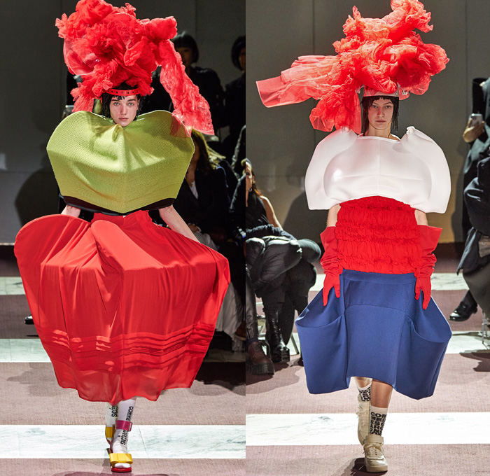 Comme des Garçons 2020-2021 Fall Autumn Winter Womens Runway Catwalk Looks - Mode à Paris Fashion Week France - Sculpture Dimensional Veil Lace Embroidery Sheer Tulle Headwear Rings Frayed Angular Geometric Bulb Bubble Puff Ball Crinoline Skirt Ruffles Voluminous Brocade Doughnut Velvet Wide Elongated Sleeves Furniture Upholstery Pillows Cone Dress Wireframe Skeleton Straps Tiered Bandages PVC Vinyl Socks Sandals Gloves