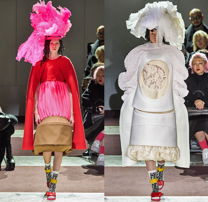 Comme des Garçons 2020-2021 Fall Autumn Winter Womens Runway Catwalk Looks - Mode à Paris Fashion Week France - Sculpture Dimensional Veil Lace Embroidery Sheer Tulle Headwear Rings Frayed Angular Geometric Bulb Bubble Puff Ball Crinoline Skirt Ruffles Voluminous Brocade Doughnut Velvet Wide Elongated Sleeves Furniture Upholstery Pillows Cone Dress Wireframe Skeleton Straps Tiered Bandages PVC Vinyl Socks Sandals Gloves