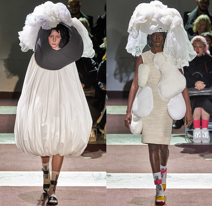 Comme des Garçons 2020-2021 Fall Autumn Winter Womens Runway Catwalk Looks - Mode à Paris Fashion Week France - Sculpture Dimensional Veil Lace Embroidery Sheer Tulle Headwear Rings Frayed Angular Geometric Bulb Bubble Puff Ball Crinoline Skirt Ruffles Voluminous Brocade Doughnut Velvet Wide Elongated Sleeves Furniture Upholstery Pillows Cone Dress Wireframe Skeleton Straps Tiered Bandages PVC Vinyl Socks Sandals Gloves