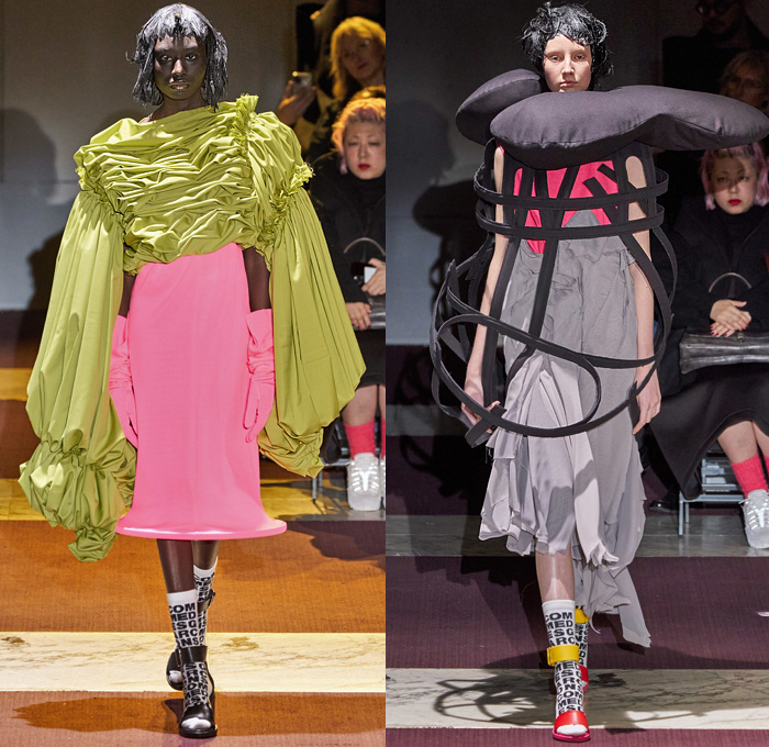 Comme des Garçons 2020-2021 Fall Autumn Winter Womens Runway Catwalk Looks - Mode à Paris Fashion Week France - Sculpture Dimensional Veil Lace Embroidery Sheer Tulle Headwear Rings Frayed Angular Geometric Bulb Bubble Puff Ball Crinoline Skirt Ruffles Voluminous Brocade Doughnut Velvet Wide Elongated Sleeves Furniture Upholstery Pillows Cone Dress Wireframe Skeleton Straps Tiered Bandages PVC Vinyl Socks Sandals Gloves