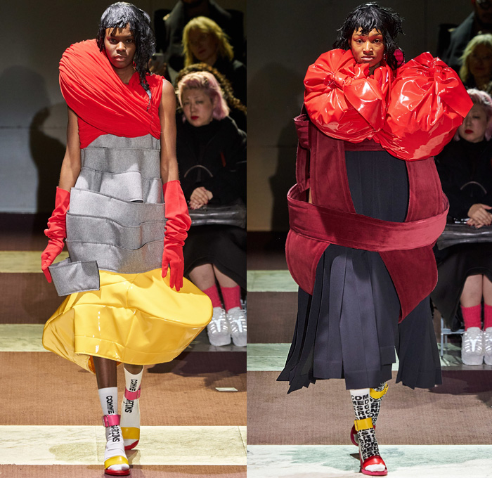 Comme des Garçons 2020-2021 Fall Autumn Winter Womens Runway Catwalk Looks - Mode à Paris Fashion Week France - Sculpture Dimensional Veil Lace Embroidery Sheer Tulle Headwear Rings Frayed Angular Geometric Bulb Bubble Puff Ball Crinoline Skirt Ruffles Voluminous Brocade Doughnut Velvet Wide Elongated Sleeves Furniture Upholstery Pillows Cone Dress Wireframe Skeleton Straps Tiered Bandages PVC Vinyl Socks Sandals Gloves