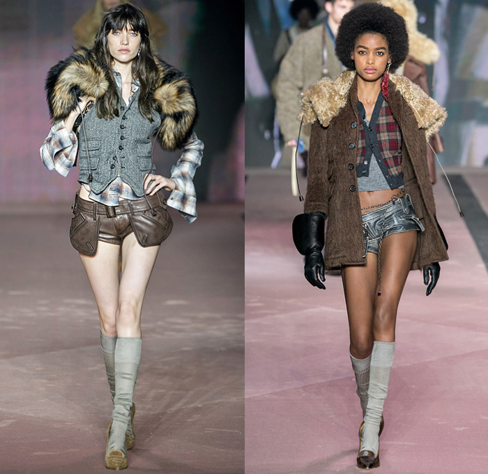 Dsquared2 2020-2021 Fall Autumn Winter Womens Runway Looks  - Milano Moda Uomo Milan Fashion Week Italy - D25 25th Anniversary Vintage Leather Cargo Utility Pockets Western Cowgirl Layers Check Plaid Wool Parka Pea Coat Shearling Fur Plush Vest Plaid Check Long Sleeve Shirt Knit Fringes Cardigan Flannel Mohair Dress Poncho Stripes Nautical Frog Closures Hotpants Micro Shorts Miniskirt Destroyed Denim Jeans Socks Tights Stockings Heels Gloves Ushanka Hat Crossbody Pouch Bag Boots