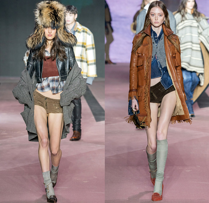 Dsquared2 2020-2021 Fall Autumn Winter Womens Runway Looks  - Milano Moda Uomo Milan Fashion Week Italy - D25 25th Anniversary Vintage Leather Cargo Utility Pockets Western Cowgirl Layers Check Plaid Wool Parka Pea Coat Shearling Fur Plush Vest Plaid Check Long Sleeve Shirt Knit Fringes Cardigan Flannel Mohair Dress Poncho Stripes Nautical Frog Closures Hotpants Micro Shorts Miniskirt Destroyed Denim Jeans Socks Tights Stockings Heels Gloves Ushanka Hat Crossbody Pouch Bag Boots