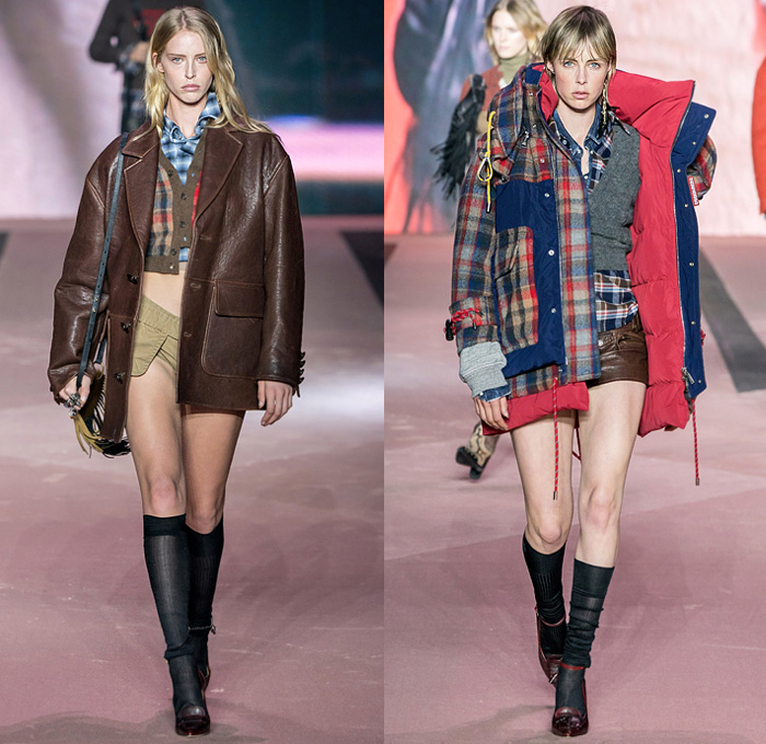 Dsquared2 2020-2021 Fall Autumn Winter Womens Runway Looks  - Milano Moda Uomo Milan Fashion Week Italy - D25 25th Anniversary Vintage Leather Cargo Utility Pockets Western Cowgirl Layers Check Plaid Wool Parka Pea Coat Shearling Fur Plush Vest Plaid Check Long Sleeve Shirt Knit Fringes Cardigan Flannel Mohair Dress Poncho Stripes Nautical Frog Closures Hotpants Micro Shorts Miniskirt Destroyed Denim Jeans Socks Tights Stockings Heels Gloves Ushanka Hat Crossbody Pouch Bag Boots