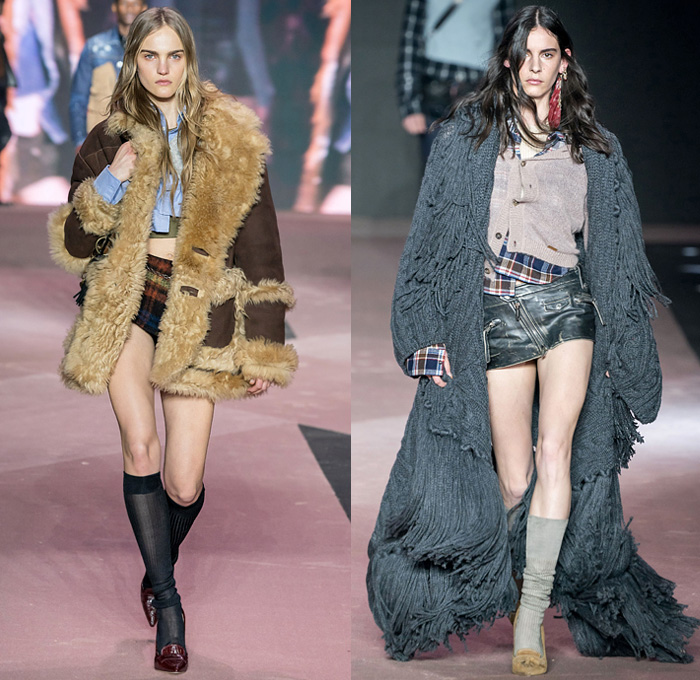 Dsquared2 2020-2021 Fall Autumn Winter Womens Runway Looks  - Milano Moda Uomo Milan Fashion Week Italy - D25 25th Anniversary Vintage Leather Cargo Utility Pockets Western Cowgirl Layers Check Plaid Wool Parka Pea Coat Shearling Fur Plush Vest Plaid Check Long Sleeve Shirt Knit Fringes Cardigan Flannel Mohair Dress Poncho Stripes Nautical Frog Closures Hotpants Micro Shorts Miniskirt Destroyed Denim Jeans Socks Tights Stockings Heels Gloves Ushanka Hat Crossbody Pouch Bag Boots