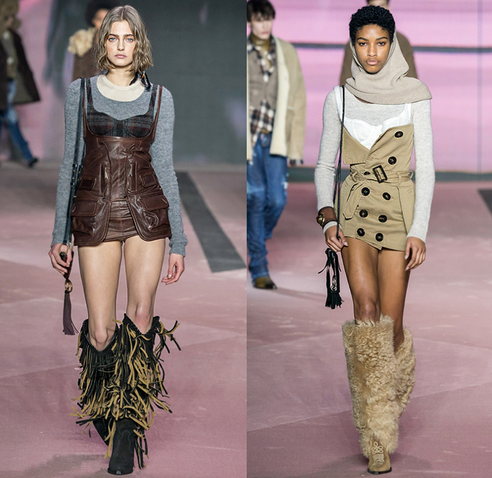 Dsquared2 2020-2021 Fall Autumn Winter Womens Runway Looks  - Milano Moda Uomo Milan Fashion Week Italy - D25 25th Anniversary Vintage Leather Cargo Utility Pockets Western Cowgirl Layers Check Plaid Wool Parka Pea Coat Shearling Fur Plush Vest Plaid Check Long Sleeve Shirt Knit Fringes Cardigan Flannel Mohair Dress Poncho Stripes Nautical Frog Closures Hotpants Micro Shorts Miniskirt Destroyed Denim Jeans Socks Tights Stockings Heels Gloves Ushanka Hat Crossbody Pouch Bag Boots