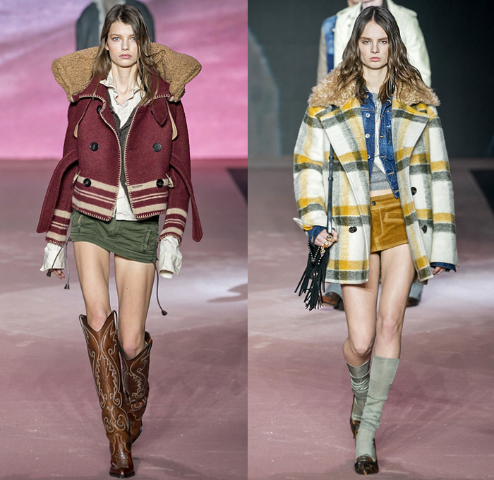 Dsquared2 2020-2021 Fall Autumn Winter Womens Runway Looks  - Milano Moda Uomo Milan Fashion Week Italy - D25 25th Anniversary Vintage Leather Cargo Utility Pockets Western Cowgirl Layers Check Plaid Wool Parka Pea Coat Shearling Fur Plush Vest Plaid Check Long Sleeve Shirt Knit Fringes Cardigan Flannel Mohair Dress Poncho Stripes Nautical Frog Closures Hotpants Micro Shorts Miniskirt Destroyed Denim Jeans Socks Tights Stockings Heels Gloves Ushanka Hat Crossbody Pouch Bag Boots