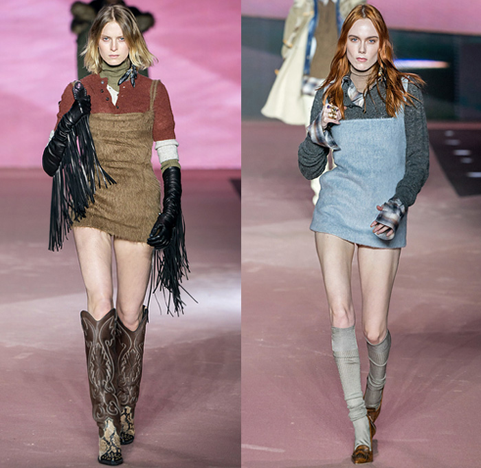 Dsquared2 2020-2021 Fall Autumn Winter Womens Runway Looks  - Milano Moda Uomo Milan Fashion Week Italy - D25 25th Anniversary Vintage Leather Cargo Utility Pockets Western Cowgirl Layers Check Plaid Wool Parka Pea Coat Shearling Fur Plush Vest Plaid Check Long Sleeve Shirt Knit Fringes Cardigan Flannel Mohair Dress Poncho Stripes Nautical Frog Closures Hotpants Micro Shorts Miniskirt Destroyed Denim Jeans Socks Tights Stockings Heels Gloves Ushanka Hat Crossbody Pouch Bag Boots