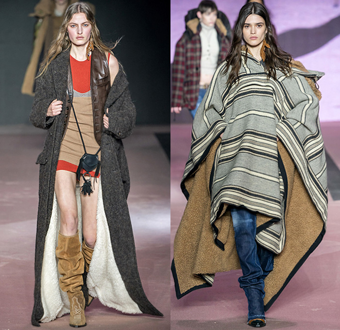 Dsquared2 2020-2021 Fall Autumn Winter Womens Runway Looks  - Milano Moda Uomo Milan Fashion Week Italy - D25 25th Anniversary Vintage Leather Cargo Utility Pockets Western Cowgirl Layers Check Plaid Wool Parka Pea Coat Shearling Fur Plush Vest Plaid Check Long Sleeve Shirt Knit Fringes Cardigan Flannel Mohair Dress Poncho Stripes Nautical Frog Closures Hotpants Micro Shorts Miniskirt Destroyed Denim Jeans Socks Tights Stockings Heels Gloves Ushanka Hat Crossbody Pouch Bag Boots