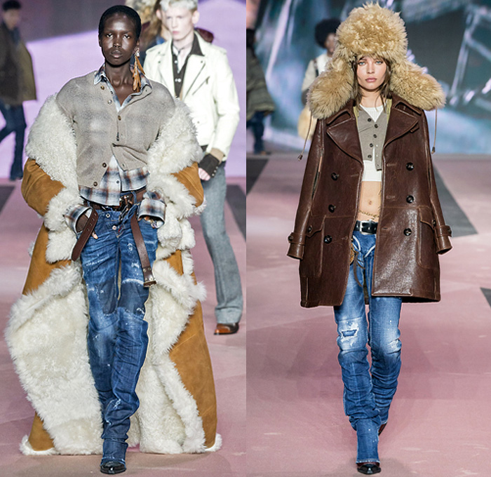 Dsquared2 2020-2021 Fall Autumn Winter Womens Runway Looks  - Milano Moda Uomo Milan Fashion Week Italy - D25 25th Anniversary Vintage Leather Cargo Utility Pockets Western Cowgirl Layers Check Plaid Wool Parka Pea Coat Shearling Fur Plush Vest Plaid Check Long Sleeve Shirt Knit Fringes Cardigan Flannel Mohair Dress Poncho Stripes Nautical Frog Closures Hotpants Micro Shorts Miniskirt Destroyed Denim Jeans Socks Tights Stockings Heels Gloves Ushanka Hat Crossbody Pouch Bag Boots