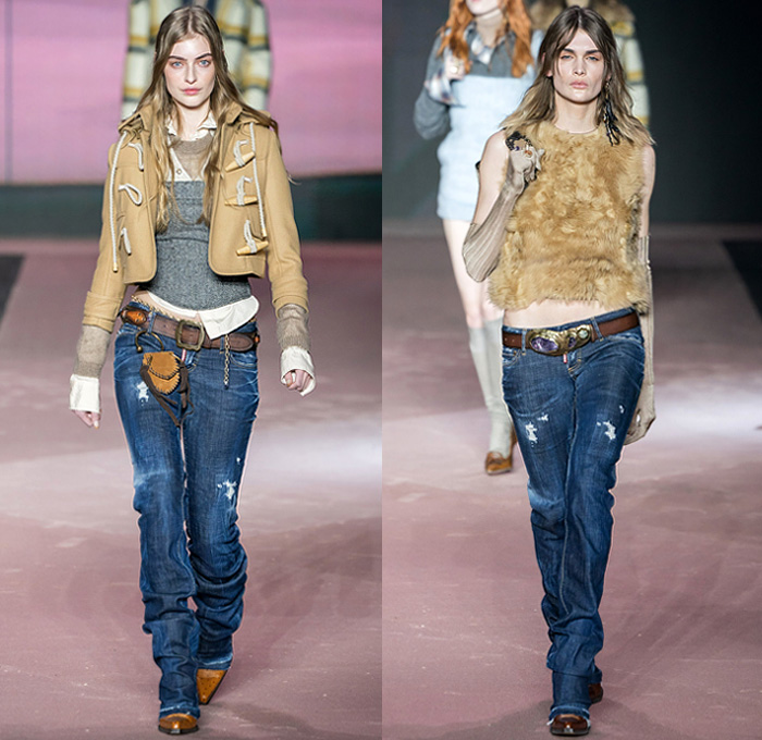 Dsquared2 2020-2021 Fall Autumn Winter Womens Runway Looks  - Milano Moda Uomo Milan Fashion Week Italy - D25 25th Anniversary Vintage Leather Cargo Utility Pockets Western Cowgirl Layers Check Plaid Wool Parka Pea Coat Shearling Fur Plush Vest Plaid Check Long Sleeve Shirt Knit Fringes Cardigan Flannel Mohair Dress Poncho Stripes Nautical Frog Closures Hotpants Micro Shorts Miniskirt Destroyed Denim Jeans Socks Tights Stockings Heels Gloves Ushanka Hat Crossbody Pouch Bag Boots