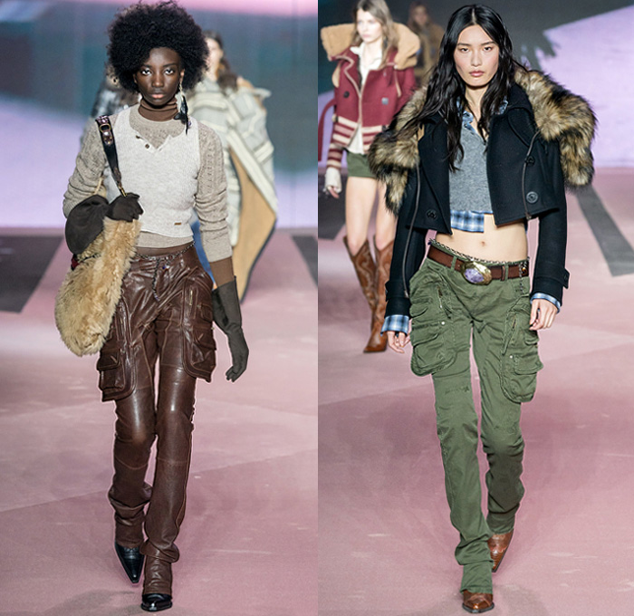 Dsquared2 2020-2021 Fall Autumn Winter Womens Runway Looks  - Milano Moda Uomo Milan Fashion Week Italy - D25 25th Anniversary Vintage Leather Cargo Utility Pockets Western Cowgirl Layers Check Plaid Wool Parka Pea Coat Shearling Fur Plush Vest Plaid Check Long Sleeve Shirt Knit Fringes Cardigan Flannel Mohair Dress Poncho Stripes Nautical Frog Closures Hotpants Micro Shorts Miniskirt Destroyed Denim Jeans Socks Tights Stockings Heels Gloves Ushanka Hat Crossbody Pouch Bag Boots