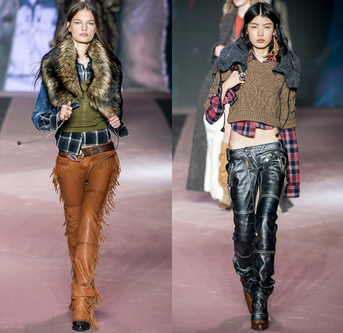 Dsquared2 2020-2021 Fall Autumn Winter Womens Runway Looks  - Milano Moda Uomo Milan Fashion Week Italy - D25 25th Anniversary Vintage Leather Cargo Utility Pockets Western Cowgirl Layers Check Plaid Wool Parka Pea Coat Shearling Fur Plush Vest Plaid Check Long Sleeve Shirt Knit Fringes Cardigan Flannel Mohair Dress Poncho Stripes Nautical Frog Closures Hotpants Micro Shorts Miniskirt Destroyed Denim Jeans Socks Tights Stockings Heels Gloves Ushanka Hat Crossbody Pouch Bag Boots