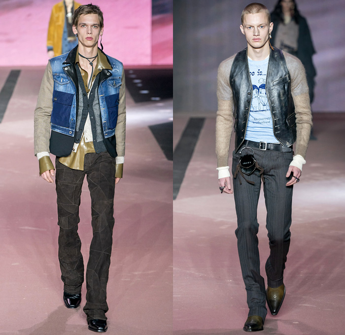 Dsquared2 2020-2021 Fall Autumn Winter Mens Runway Looks  - Milano Moda Uomo Milan Fashion Week Italy - D25 25th Anniversary Vintage Leather Sleeveless Vest Gilet Cargo Utility Pockets Western Cowboy Layers Check Plaid Wool Coat Shearling Fur Plush Suede Motorcycle Biker Jacket Patchwork Turtleneck Chunky Knit Cardigan Sweater Shirt Camouflage Fringes Hooks Quilted Puffer Low Crotch Destroyed Bootcut Denim Jeans Peel Away Fold Over Extra Waistband Frog Closures Boots Sunglasses