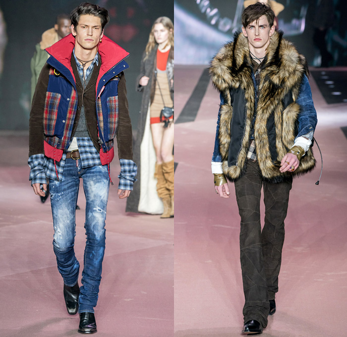 Dsquared2 2020-2021 Fall Autumn Winter Mens Runway Looks  - Milano Moda Uomo Milan Fashion Week Italy - D25 25th Anniversary Vintage Leather Sleeveless Vest Gilet Cargo Utility Pockets Western Cowboy Layers Check Plaid Wool Coat Shearling Fur Plush Suede Motorcycle Biker Jacket Patchwork Turtleneck Chunky Knit Cardigan Sweater Shirt Camouflage Fringes Hooks Quilted Puffer Low Crotch Destroyed Bootcut Denim Jeans Peel Away Fold Over Extra Waistband Frog Closures Boots Sunglasses