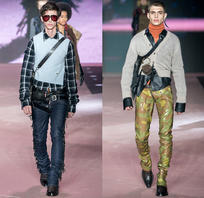 Dsquared2 2020-2021 Fall Autumn Winter Mens Runway Looks  - Milano Moda Uomo Milan Fashion Week Italy - D25 25th Anniversary Vintage Leather Sleeveless Vest Gilet Cargo Utility Pockets Western Cowboy Layers Check Plaid Wool Coat Shearling Fur Plush Suede Motorcycle Biker Jacket Patchwork Turtleneck Chunky Knit Cardigan Sweater Shirt Camouflage Fringes Hooks Quilted Puffer Low Crotch Destroyed Bootcut Denim Jeans Peel Away Fold Over Extra Waistband Frog Closures Boots Sunglasses