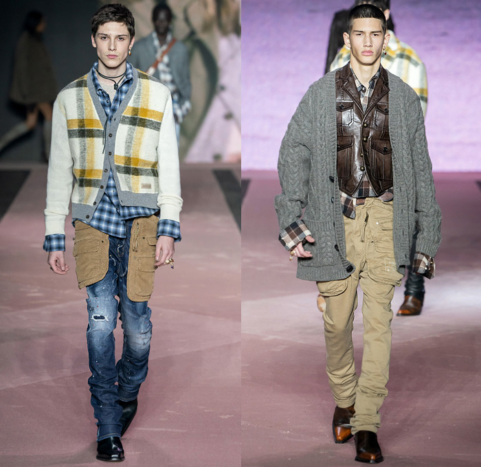 Dsquared2 2020-2021 Fall Autumn Winter Mens Runway Looks  - Milano Moda Uomo Milan Fashion Week Italy - D25 25th Anniversary Vintage Leather Sleeveless Vest Gilet Cargo Utility Pockets Western Cowboy Layers Check Plaid Wool Coat Shearling Fur Plush Suede Motorcycle Biker Jacket Patchwork Turtleneck Chunky Knit Cardigan Sweater Shirt Camouflage Fringes Hooks Quilted Puffer Low Crotch Destroyed Bootcut Denim Jeans Peel Away Fold Over Extra Waistband Frog Closures Boots Sunglasses