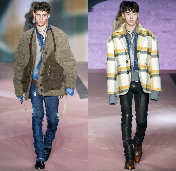 Dsquared2 2020-2021 Fall Autumn Winter Mens Runway Looks  - Milano Moda Uomo Milan Fashion Week Italy - D25 25th Anniversary Vintage Leather Sleeveless Vest Gilet Cargo Utility Pockets Western Cowboy Layers Check Plaid Wool Coat Shearling Fur Plush Suede Motorcycle Biker Jacket Patchwork Turtleneck Chunky Knit Cardigan Sweater Shirt Camouflage Fringes Hooks Quilted Puffer Low Crotch Destroyed Bootcut Denim Jeans Peel Away Fold Over Extra Waistband Frog Closures Boots Sunglasses