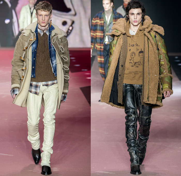 Dsquared2 2020-2021 Fall Autumn Winter Mens Runway Looks  - Milano Moda Uomo Milan Fashion Week Italy - D25 25th Anniversary Vintage Leather Sleeveless Vest Gilet Cargo Utility Pockets Western Cowboy Layers Check Plaid Wool Coat Shearling Fur Plush Suede Motorcycle Biker Jacket Patchwork Turtleneck Chunky Knit Cardigan Sweater Shirt Camouflage Fringes Hooks Quilted Puffer Low Crotch Destroyed Bootcut Denim Jeans Peel Away Fold Over Extra Waistband Frog Closures Boots Sunglasses