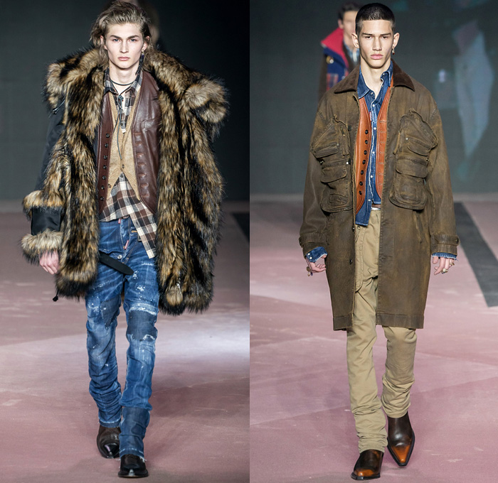 Dsquared2 2020-2021 Fall Autumn Winter Mens Runway Looks  - Milano Moda Uomo Milan Fashion Week Italy - D25 25th Anniversary Vintage Leather Sleeveless Vest Gilet Cargo Utility Pockets Western Cowboy Layers Check Plaid Wool Coat Shearling Fur Plush Suede Motorcycle Biker Jacket Patchwork Turtleneck Chunky Knit Cardigan Sweater Shirt Camouflage Fringes Hooks Quilted Puffer Low Crotch Destroyed Bootcut Denim Jeans Peel Away Fold Over Extra Waistband Frog Closures Boots Sunglasses